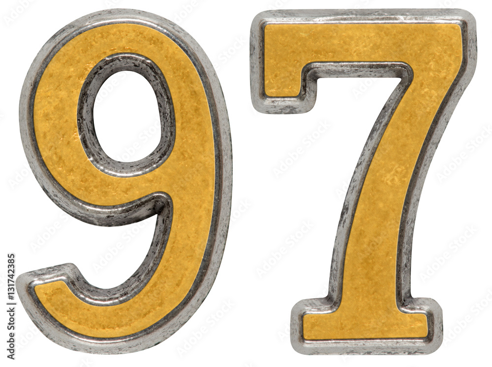 Metal numeral 97, ninety-seven, isolated on white background