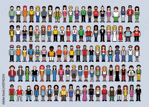 Set of 100 pixel art people avatars, video game style vector illustration