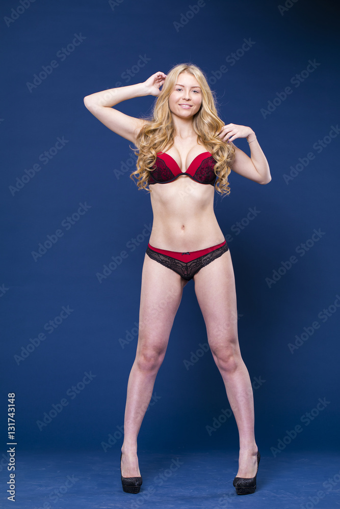 Full portrait of sexy lady in red underwear