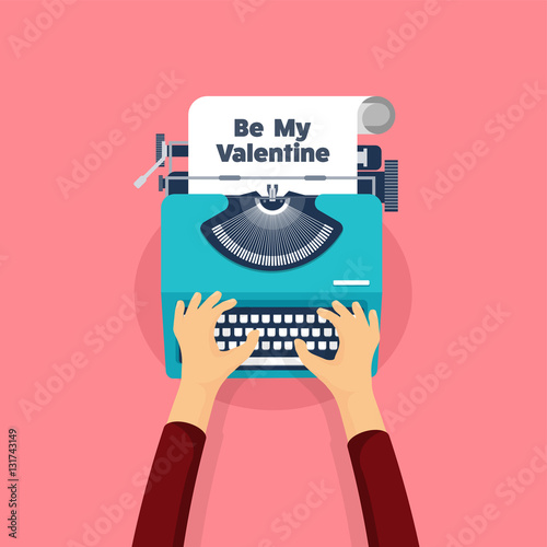 Vector illustration. Flat background with typewriter. Love, hearts. Valentines day. Be my valentine. 14 february.