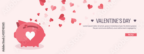 Vector illustration. Flat background with piggy bank. Love, hearts. Valentines day. Be my valentine. 14 february. Message.