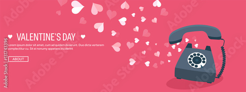 Vector illustration. Flat background with retro telephone. Love, hearts. Valentines day. Be my valentine. 14 february. Message.
