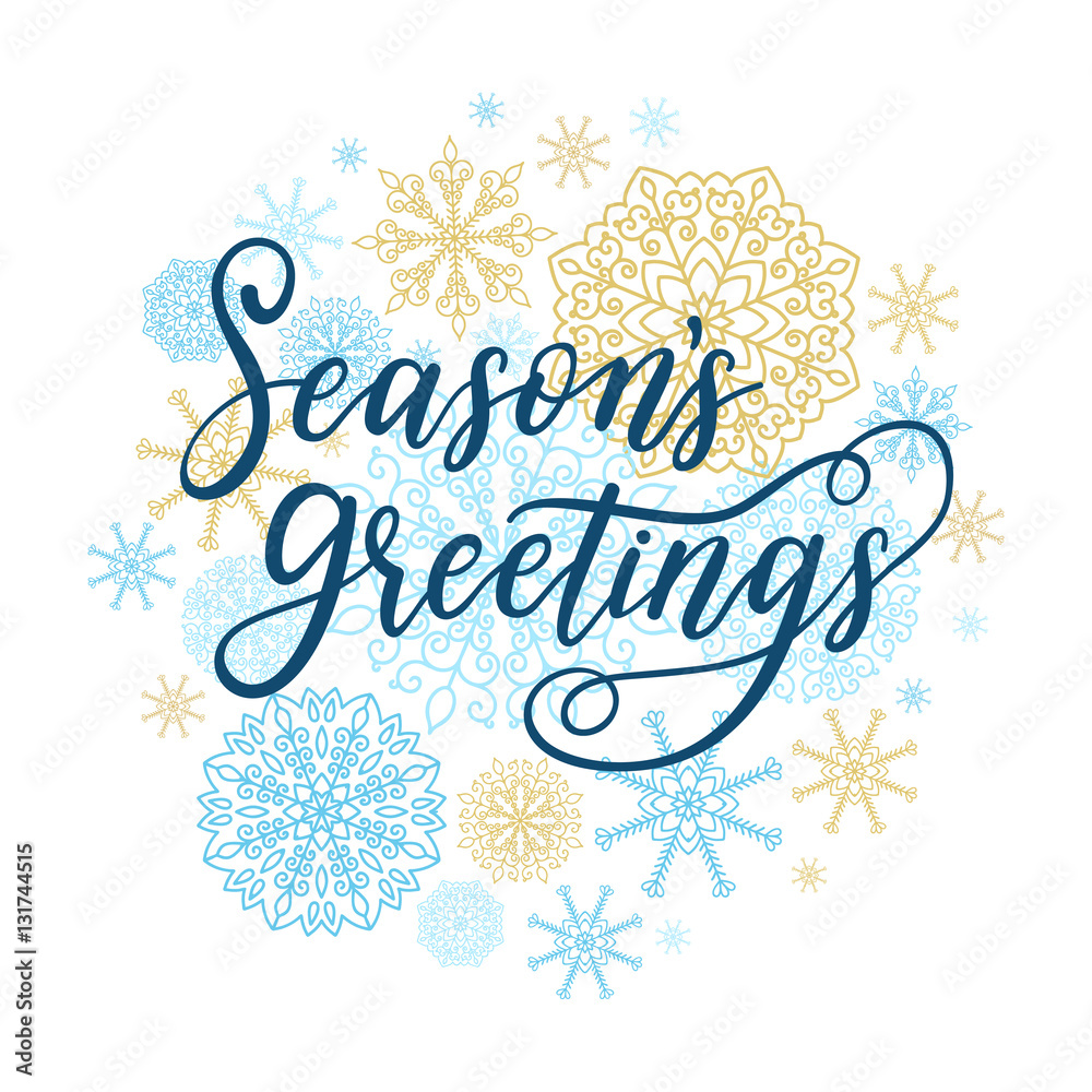 Season's Greetings card. Vector winter holiday background with hand lettering calligraphy, snowflakes, falling snow. Season's Greetings card. Vector winter holiday background with hand lettering calligraphy, snowflakes, falling snow.