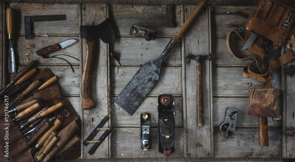 Overhead flat lay image of woodworking tools Overhead flat lay image of woodworking tools