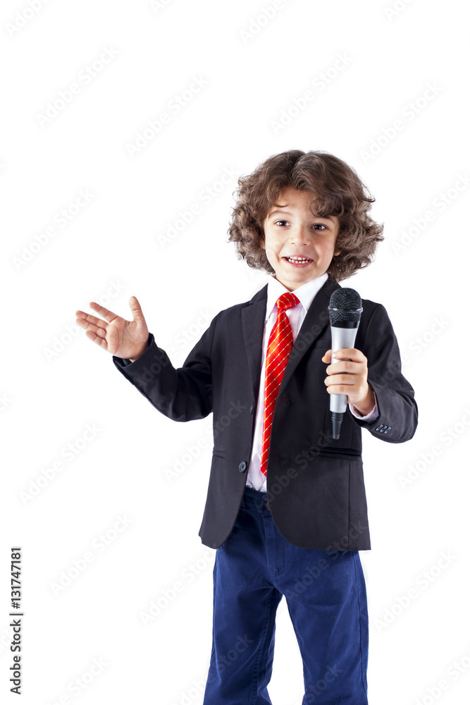 Young handsome businessman with a microphone is presentation. White background. Young handsome businessman with a microphone is presentation. White background.