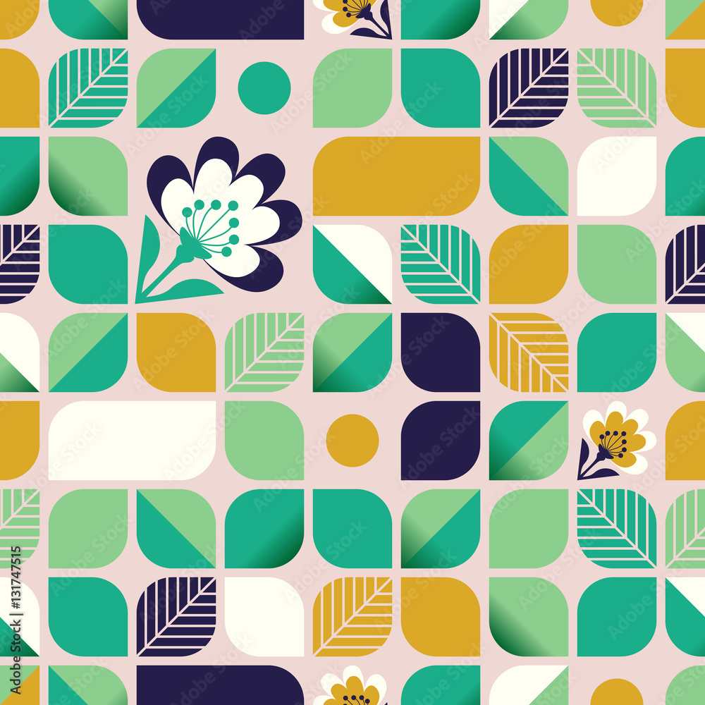 seamless geometric pattern with leaves and flowers