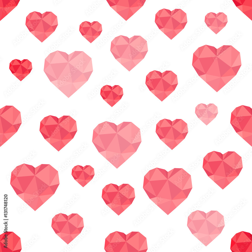 Abstract seamless pattern of red hearts low-poly