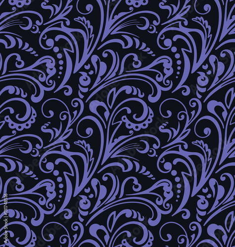 Seamless pattern. Vintage style background with floral ornaments. Abstract composition with purple elements on black backdrop. Illustration with an elegant design.