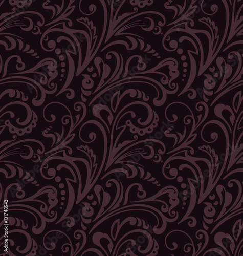 Seamless pattern. Vintage style background with floral ornaments. Abstract composition with vinous elements on black backdrop. Illustration with an elegant design.