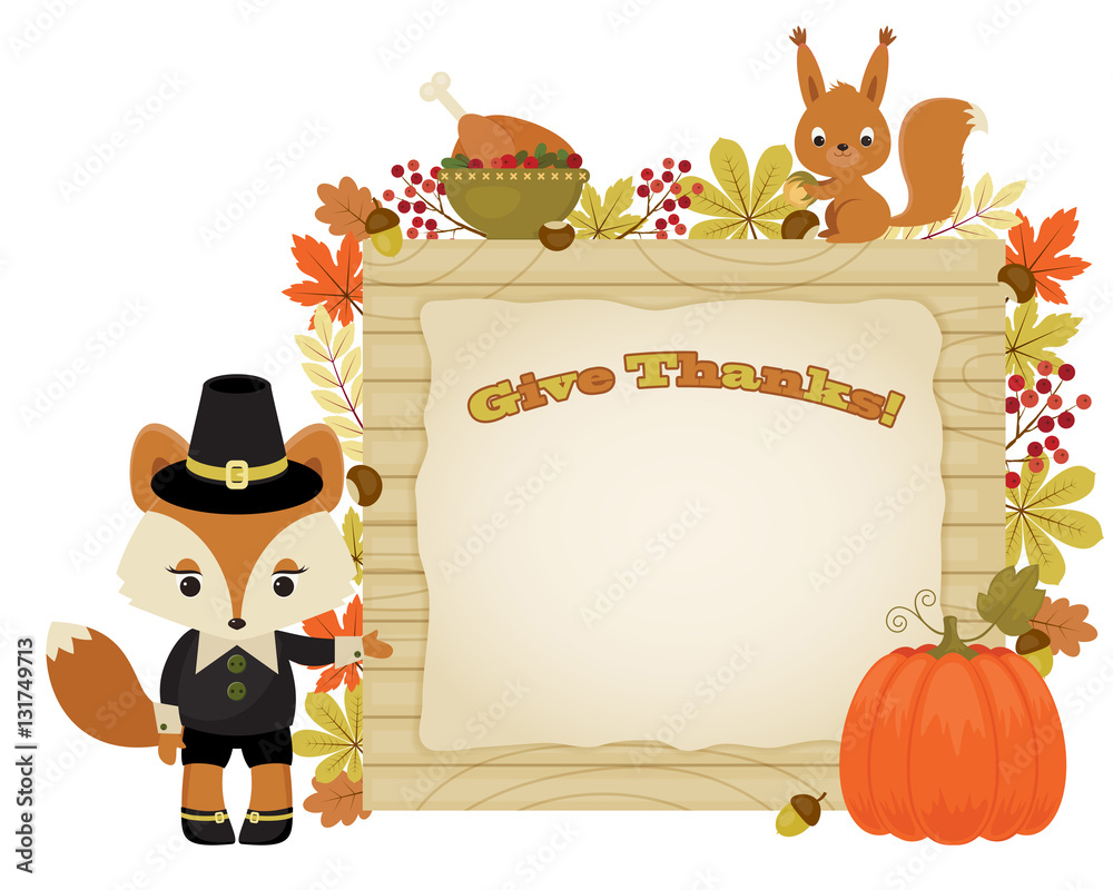 Fototapeta premium Beautiful Thanksgiving illustration with animals and autumn leav