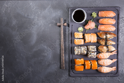 Set of sushi / sushi set on marble table. High angle