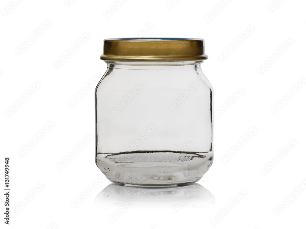 little empty glass jar with lid iron isolated on a white background little empty glass jar with lid iron isolated on a white background