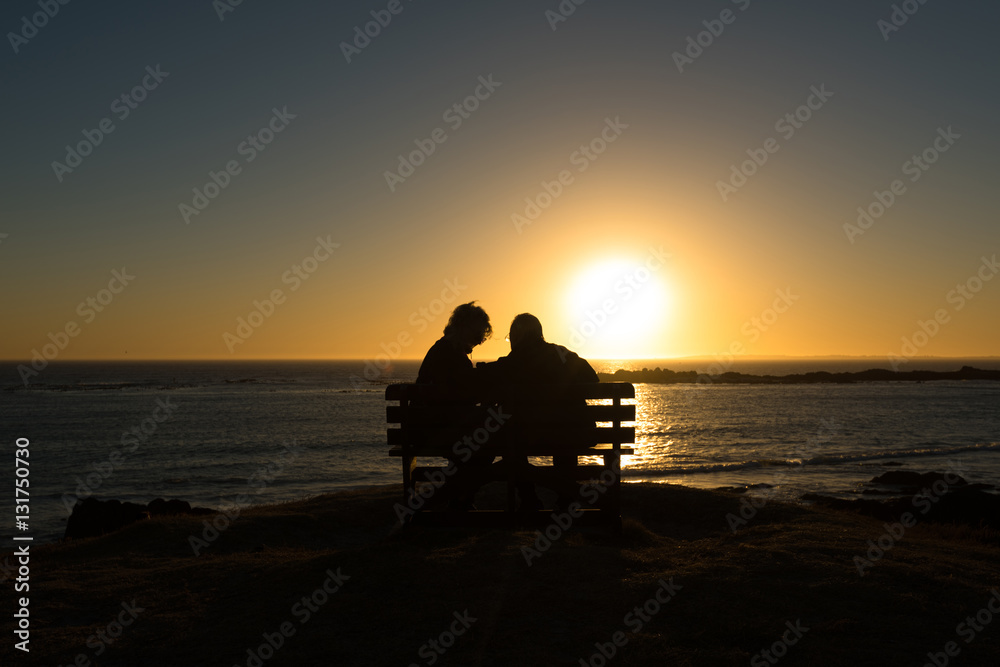 Seniors couple enjoying colorful sunset