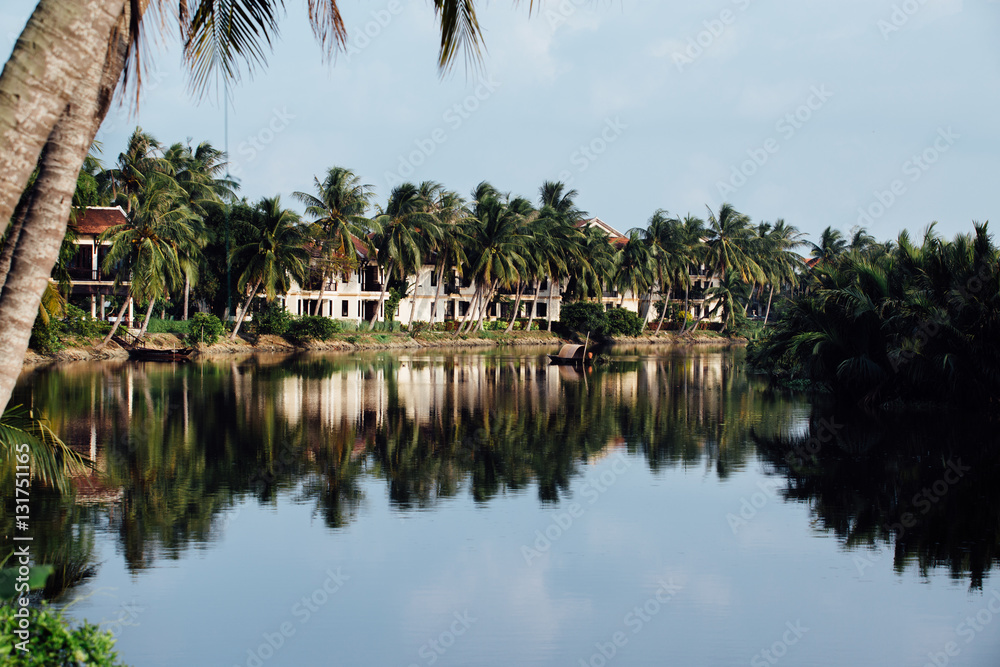 Houses in territory with palm trees, river reflecting on the wat Houses in territory with palm trees, river reflecting on the wat