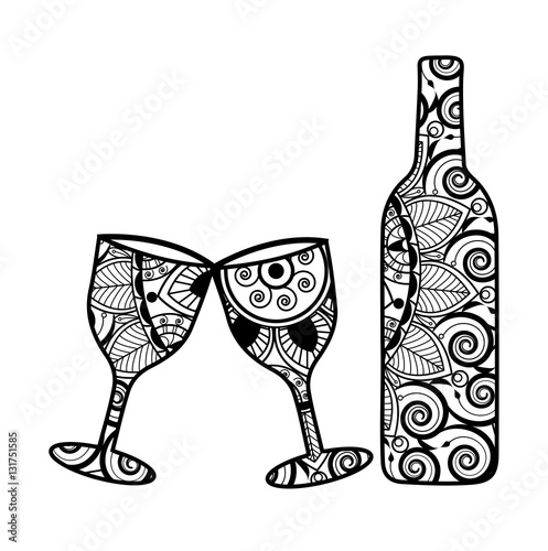 Vector illustration of a bottle and two glasses mandala for coloring, una bottiglia con due bicchieri mandala da colorare