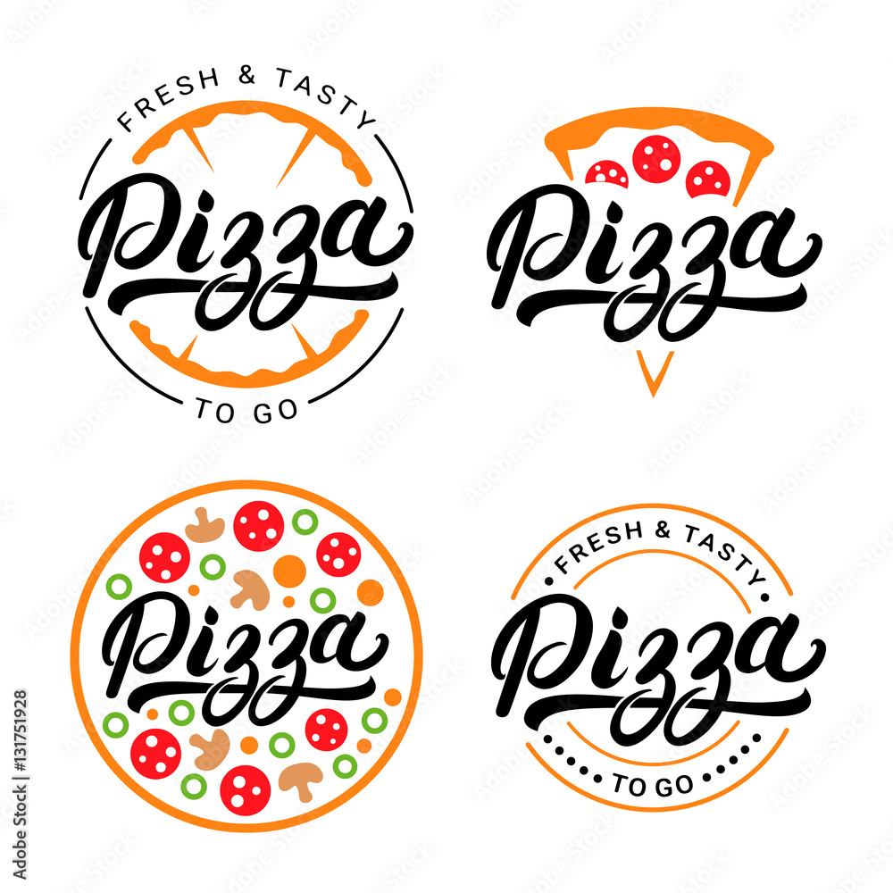 Set of pizza hand written lettering logo, label, badge.
