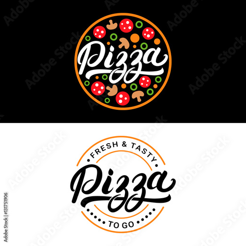 Set of pizza hand written lettering logo, label, badge.