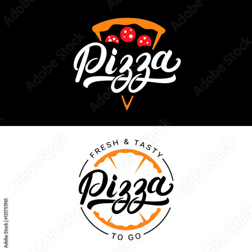 Set of pizza hand written lettering logo, label, badge.
