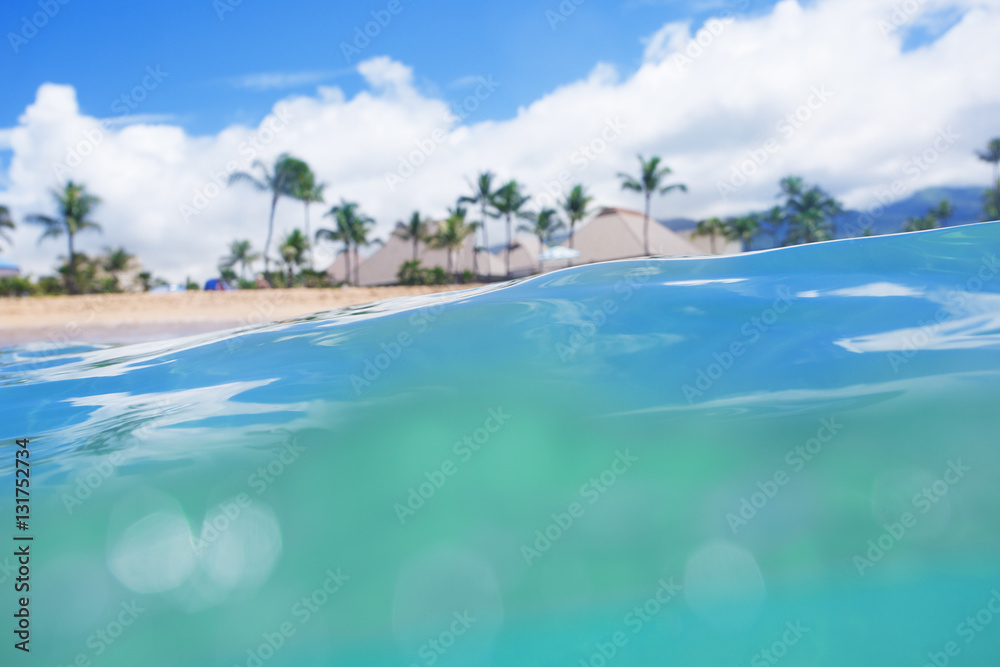 View of a Beautiful tropical island beach resort from the surface of the ocean looking back at a secluded, idyllic beach with palm trees and cabanas. focus on the surface of the water View of a Beautiful tropical island beach resort from the surface of the ocean looking back at a secluded, idyllic beach with palm trees and cabanas. focus on the surface of the water