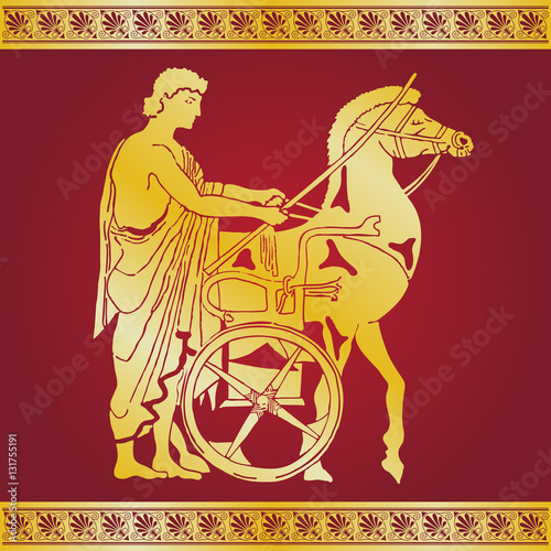 Greek style drawing. Warrior in tunic equips horses. Gold pattern on a red background.