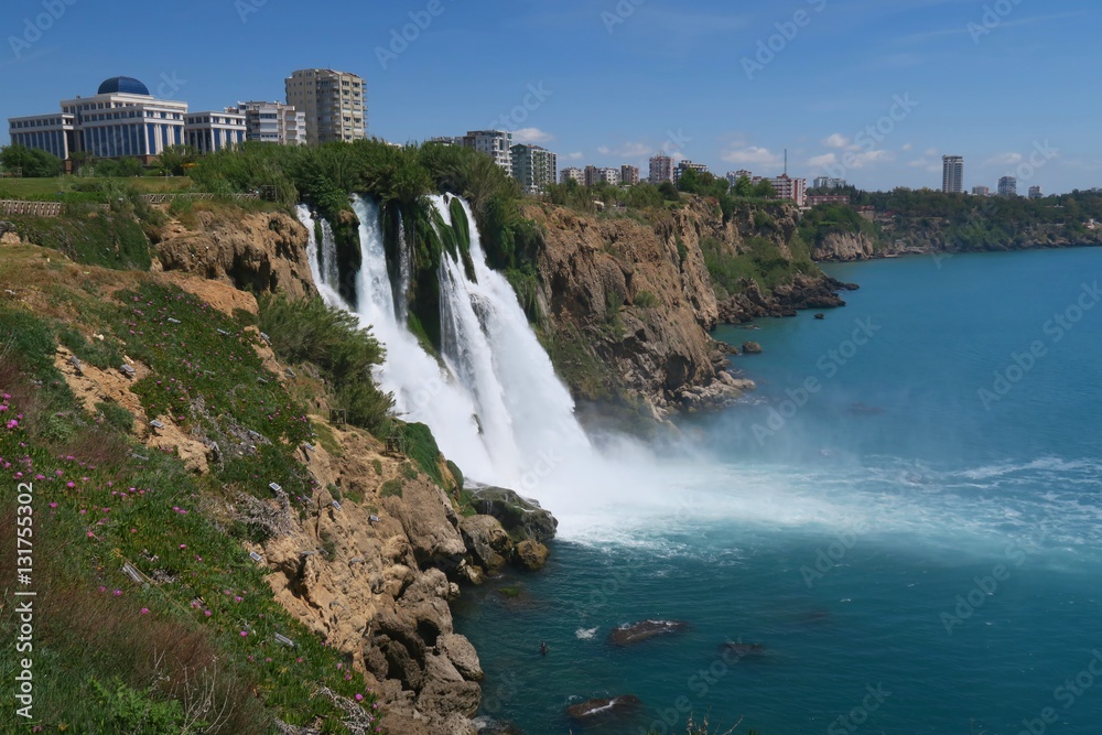 Duden Waterfall and the City of Antalya, in Turkey Duden Waterfall and the City of Antalya, in Turkey