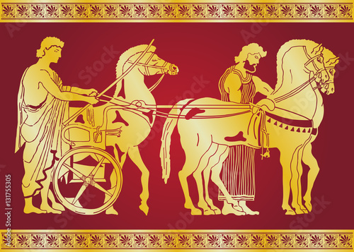 Greek style drawing. Warriors in tunic equips horses. Gold pattern on a red background.