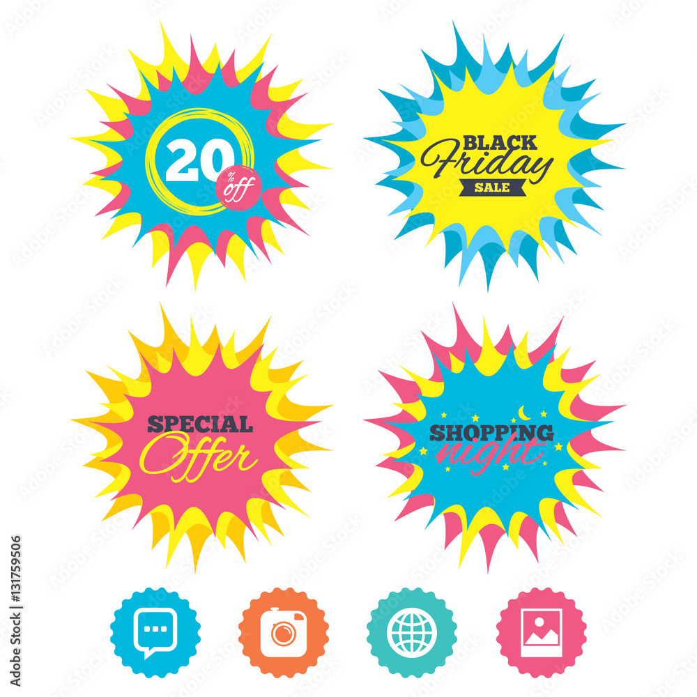 Social media icons. Chat speech bubble and Globe. Social media icons. Chat speech bubble and Globe.