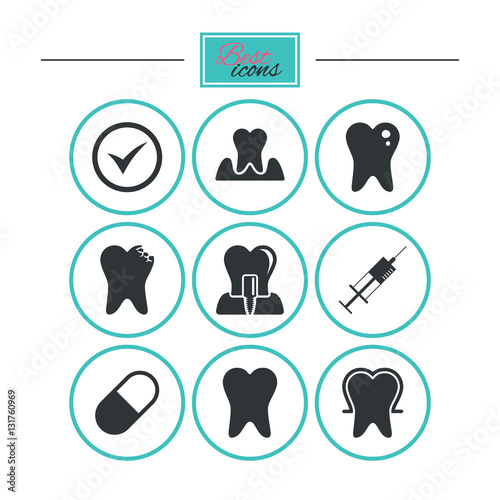Tooth, dental care icons. Stomatology signs.