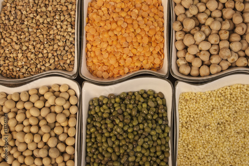 Healthy seeds: mung beans, red lentils, millet, buckwheat, soybeans, chickpeas