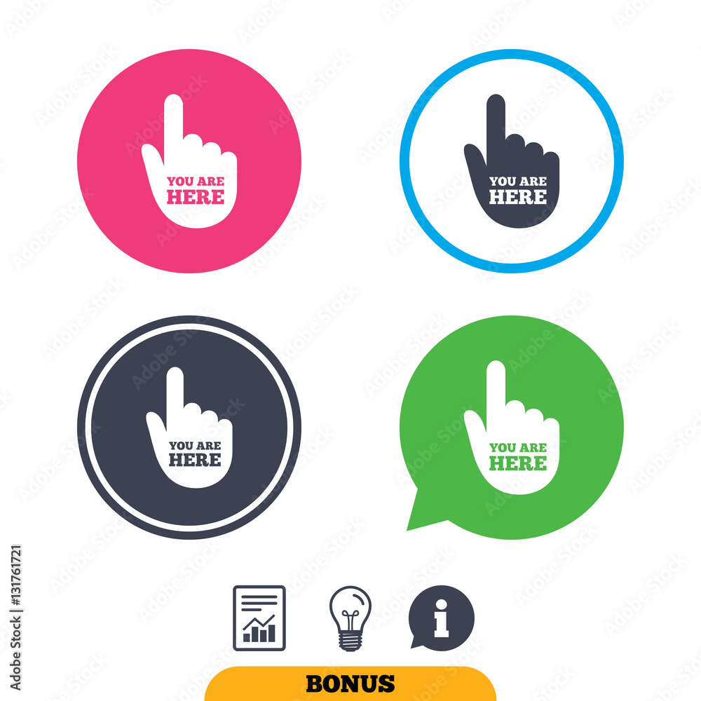 You are here sign icon. Info speech bubble. You are here sign icon. Info speech bubble.