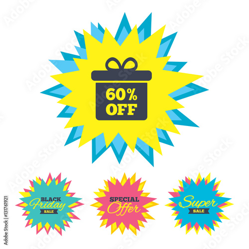 60 percent sale gift box tag sign icon.