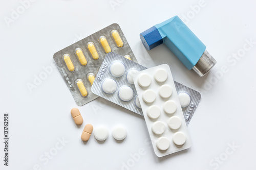 concept asthma and treatment on white background top view