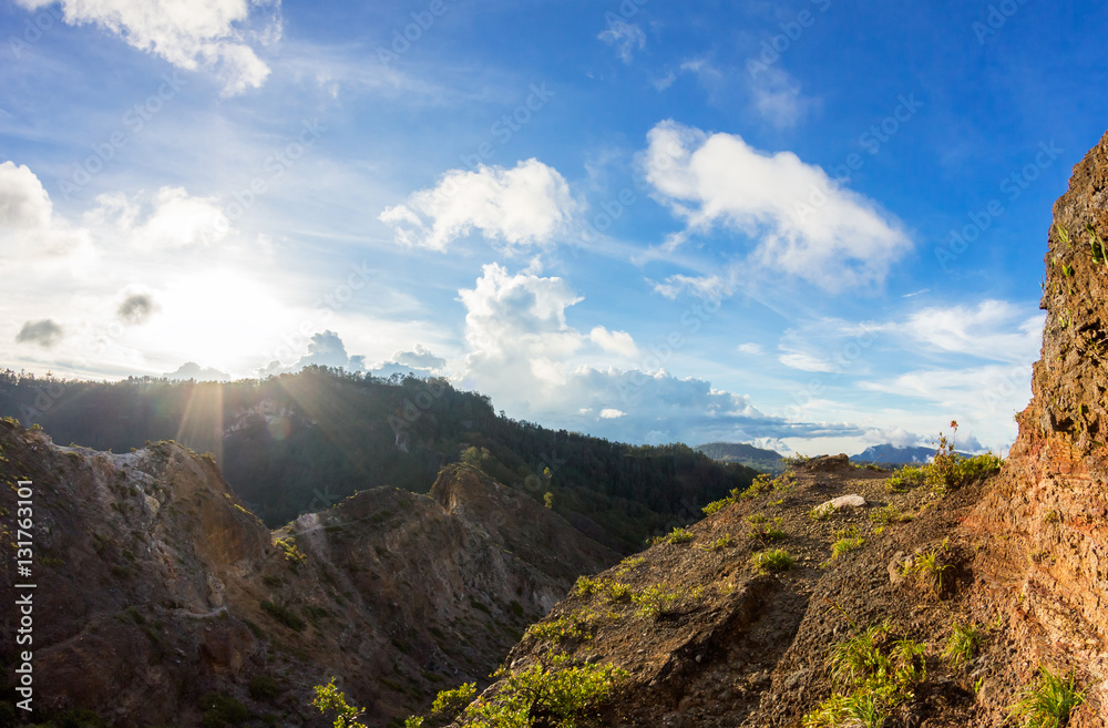 Fototapeta premium Weathered Crater on sunset, Caldera of Kelimutu, Flores Island, Indonesia.