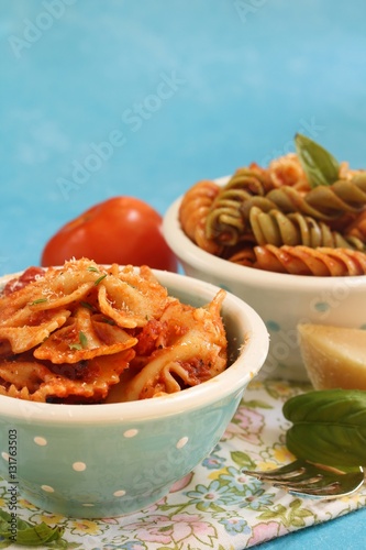 Bow Tie Pasta with Tomato sauce basil and grated parmesan