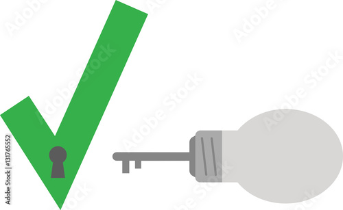 Light bulb with key and check mark with keyhole