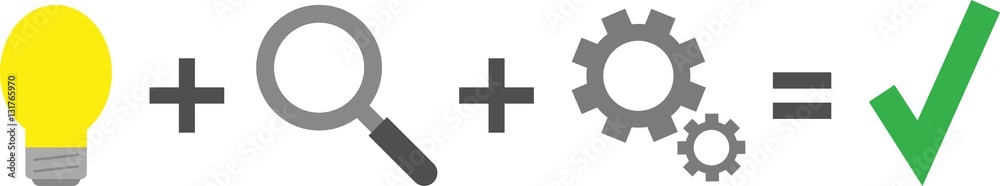 Light bulb, magnifier, gears equals check mark Light bulb, magnifier, gears equals check mark