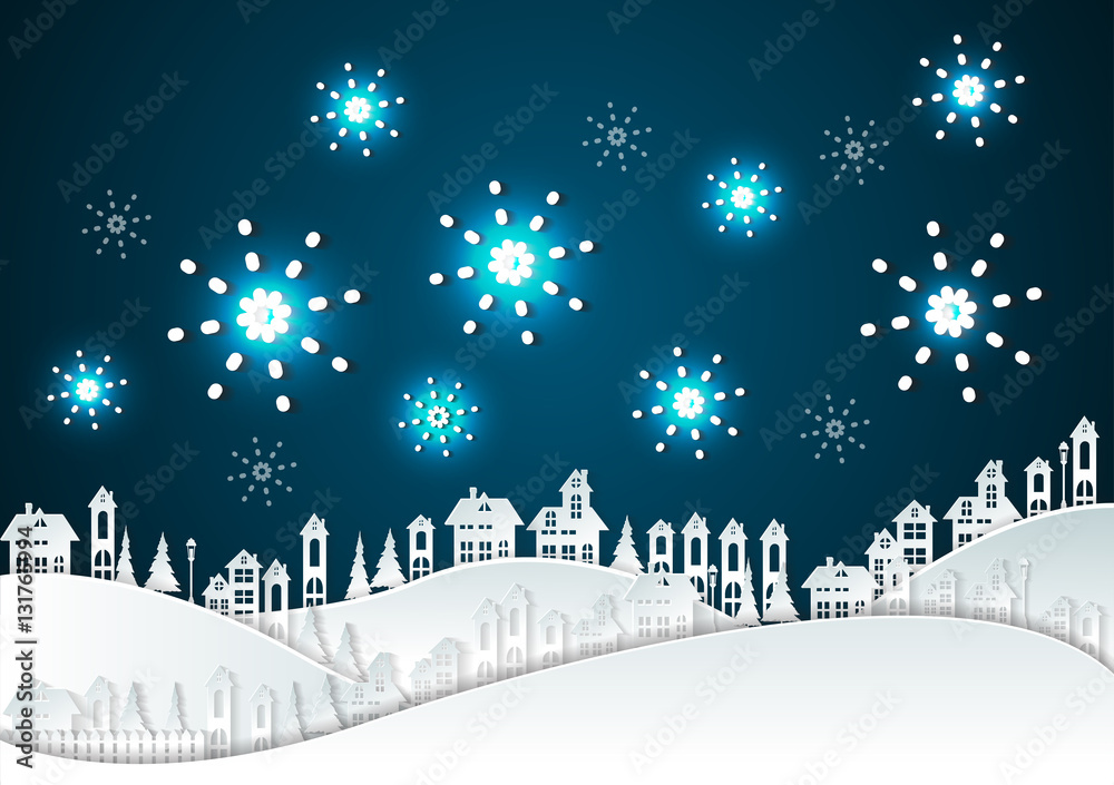 paper art Winter Snow Urban Countryside Landscape with fireworks
