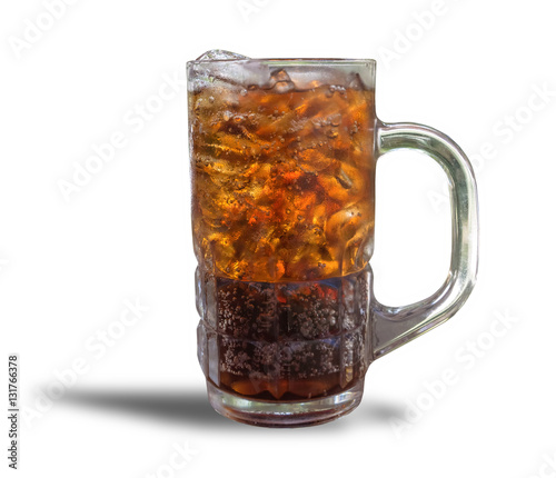 Cola cup Aerated soft drink Refreshing with ice cubes on orange bright background hungry, eager, avid, athirst, starveling.isolated on white background with clipping path.
