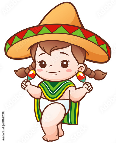 Vector Illustration of Cartoon Cute Baby Girl wear Mexican