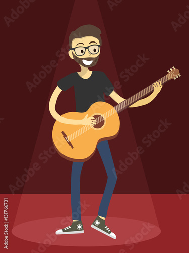 Man Playing Acoustic Guitar on Red Spotlight Background Vector illustration