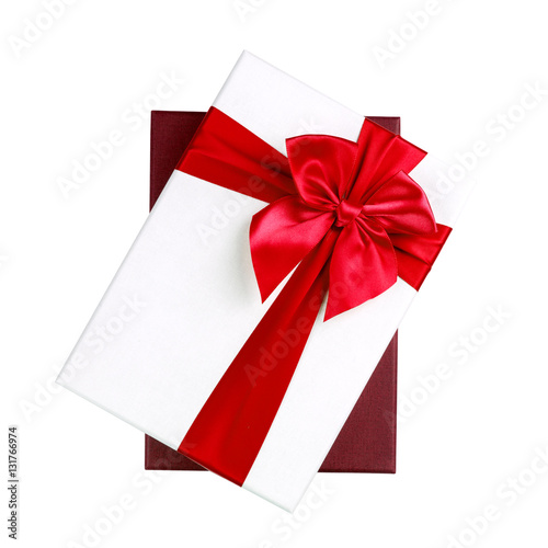 White gift Box with red ribbon Isolated on white background