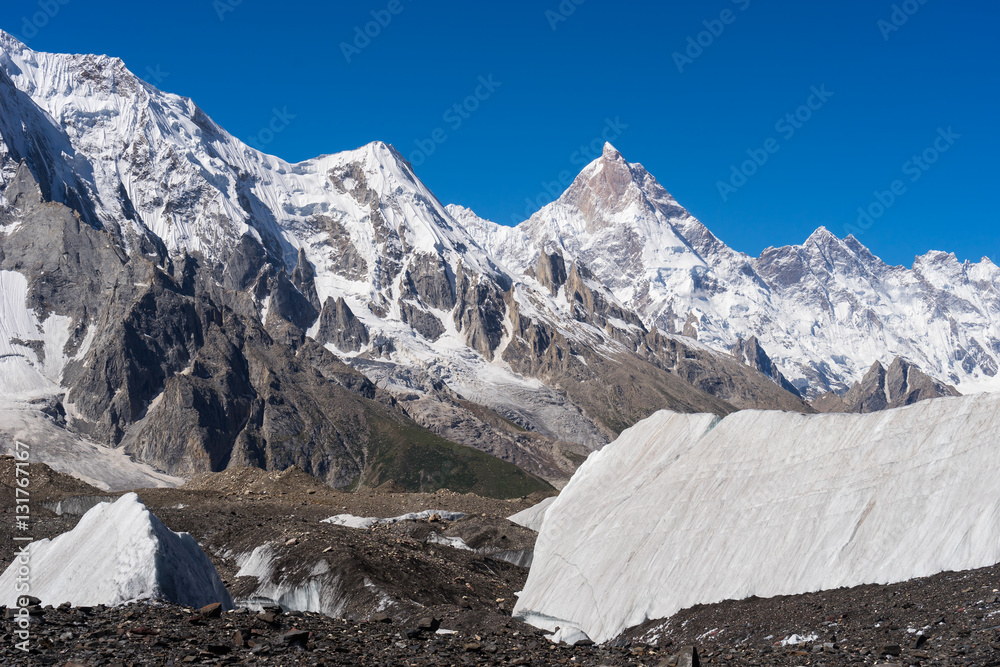 Fototapeta premium Masherbrum mountain peak behind Baltoro glacier, K2 trek, Gilgit