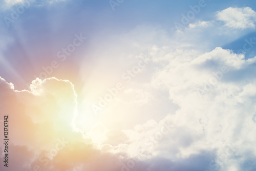 new hope or heaven sky, beautiful summer blue bright cloudy sky with sunset light ray.