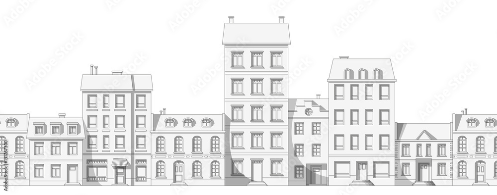 Seamless thin line cityscape cartoon background