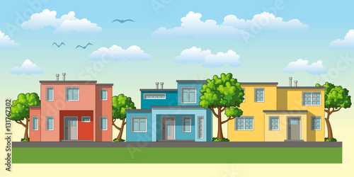 Illustration of modern family housees with trees