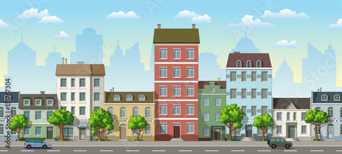 Seamless cityscape cartoon background with cars