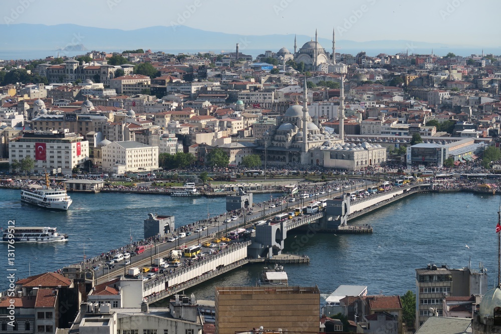 Galata Bridge, the Golden Horn and Bosphorus in Istanbul, Turkey