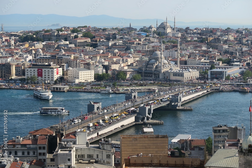 Famous Galata Bridge, the Golden Horn and Bosphorus in Istanbul, Turkey