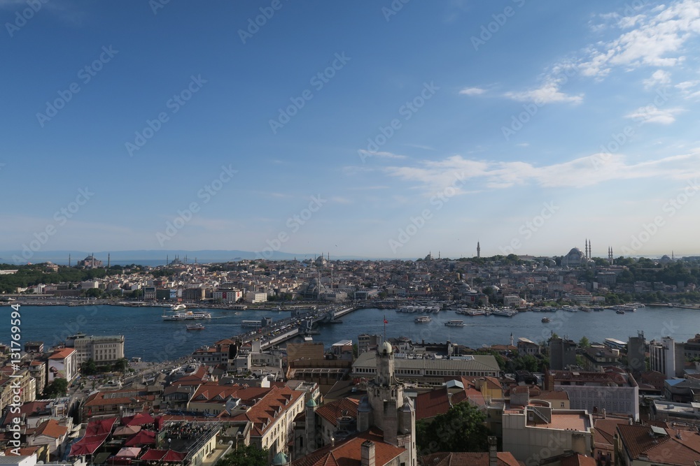 Galata Bridge, Golden Horn, Bosphorus and Istanbuls Oldltown Sultanahmet, plus Hagia Sophia in Turkey.