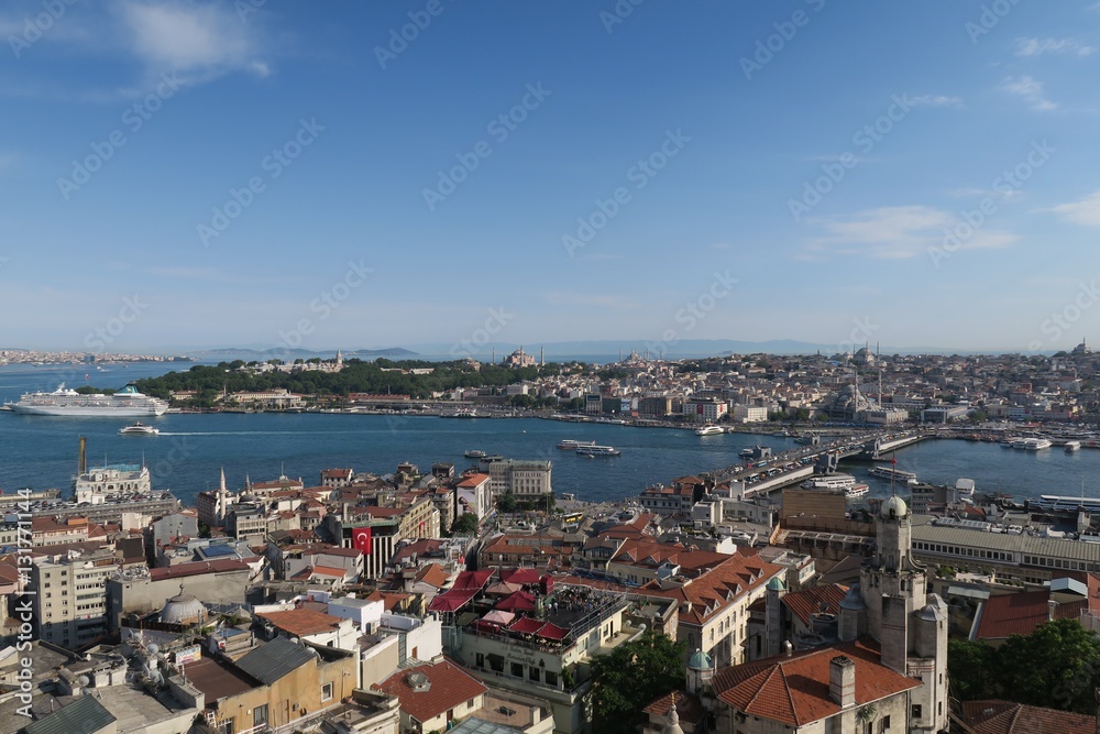 Topkapi Palace, Hagia Sophia, Blue Mosque and the Golden Horn, as seen from Galata in Istanbul, Turkey